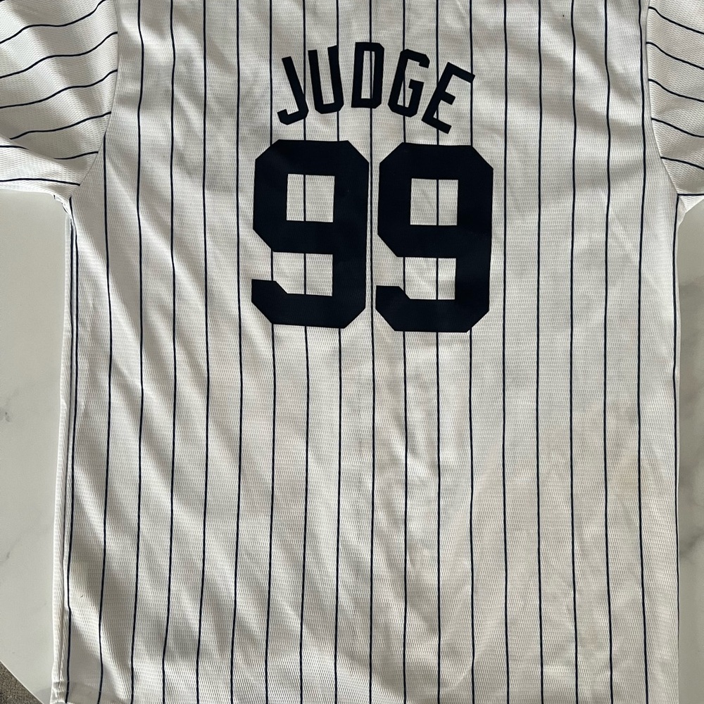 Genuine Merchandise White Yankee Judge number 99 Jersey with blue Stripes